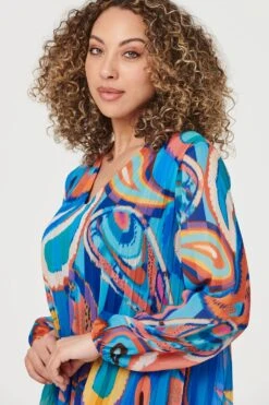 Paisley Long Sleeve Smock Dress -Hallmark Style D164018 MULTI BLUE 4