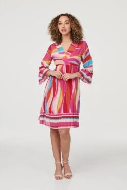 Retro Print 3/4 Sleeve Pleated Dress -Hallmark Style D164030 MULTI PINK 1