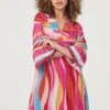 Retro Print 3/4 Sleeve Pleated Dress -Hallmark Style D164030 MULTI PINK 2