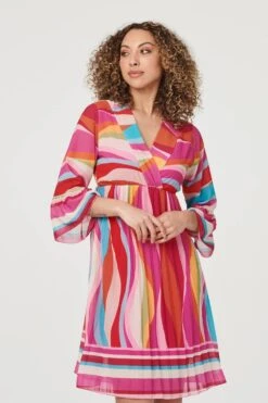 Retro Print 3/4 Sleeve Pleated Dress -Hallmark Style D164030 MULTI PINK 3