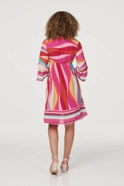 Retro Print 3/4 Sleeve Pleated Dress -Hallmark Style D164030 MULTI PINK 5