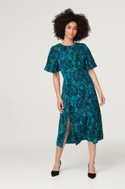 Paisley Front Split Midi Dress -Hallmark Style D164083 GREEN 2
