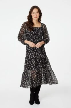 Floral 3/4 Sleeve Smocked Midi Dress