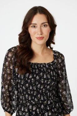 Floral 3/4 Sleeve Smocked Midi Dress -Hallmark Style D164094 MULTI BLACK 5