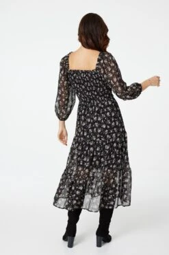 Floral 3/4 Sleeve Smocked Midi Dress -Hallmark Style D164094 MULTI BLACK 6