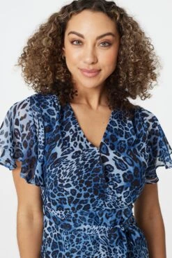Leopard Print Short Wrap Dress -Hallmark Style D164107 MULTI BLUE 4