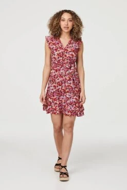 Floral Sleeveless V-Neck Sun Dress -Hallmark Style D164153 MULTI RED 1