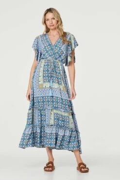 Printed Frill Sleeve Maxi Dress -Hallmark Style D164221 MULTI BLUE 1