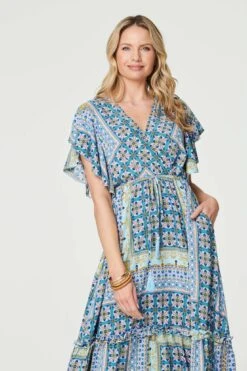 Printed Frill Sleeve Maxi Dress -Hallmark Style D164221 MULTI BLUE 3