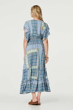 Printed Frill Sleeve Maxi Dress -Hallmark Style D164221 MULTI BLUE 6