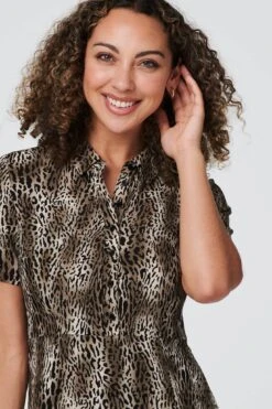 Animal Print 1/2 Button Front Dress -Hallmark Style D164469 KHAKI 4