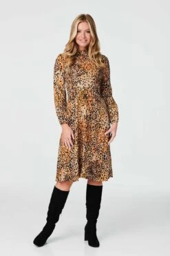 Ditsy Print High Neck Tea Dress -Hallmark Style D164508 BROWN 1