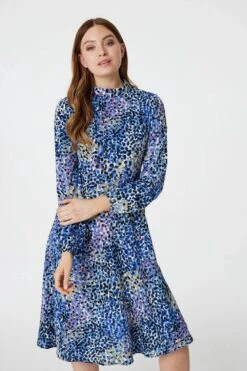 Ditsy Print High Neck Tea Dress -Hallmark Style D164508 MULTI BLUE 2