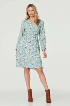 Ditsy Floral Knee Length Dress -Hallmark Style D164587 BLUE 1