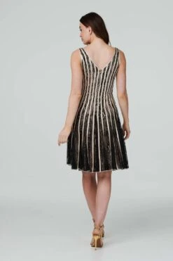 Striped Mesh Occasion Dress -Hallmark Style D164668 MULTI BEIGE 4