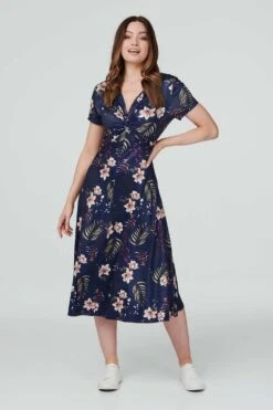 Floral Twist Front Midi Dress
