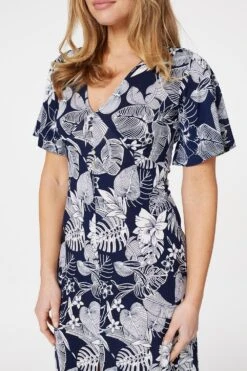 Leaf Print Front Split Midi Dress -Hallmark Style D164789 NAVY 3