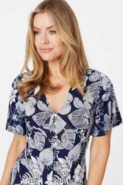 Leaf Print Front Split Midi Dress -Hallmark Style D164789 NAVY 4