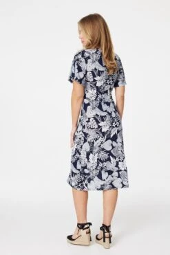 Leaf Print Front Split Midi Dress -Hallmark Style D164789 NAVY 5