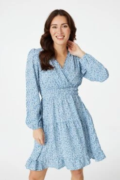 Ditsy Print V-Neck Skater Dress -Hallmark Style D164839 BLUE 3