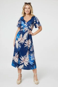 Leaf Print Empire Waist Midi Dress -Hallmark Style D164915 MULTI BLUE 1