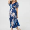 Leaf Print Empire Waist Midi Dress -Hallmark Style D164915 MULTI BLUE 2