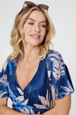 Leaf Print Empire Waist Midi Dress -Hallmark Style D164915 MULTI BLUE 4