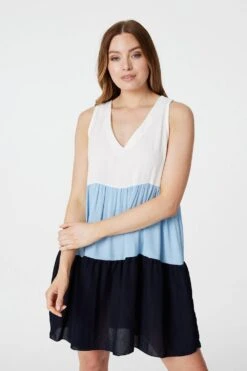 Colour Block V-Neck Smock Dress -Hallmark Style D164934 MULTI BLUE 3