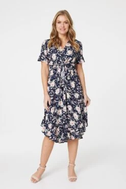 Floral Knot Front Midi Tea Dress