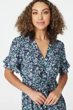 Floral Drop Hem Midi Tea Dress -Hallmark Style D165048 MULTI NAVY 5