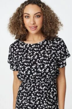 Ditsy Floral Frill Sleeve Maxi Dress -Hallmark Style D165049 BLACK 6