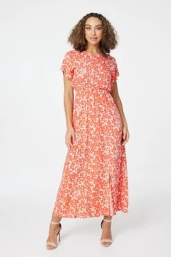 Printed Short Sleeve Maxi Dress -Hallmark Style D165050 CORAL 1