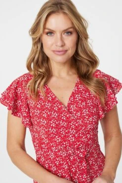 Ditsy Floral Frill Sleeve Dress -Hallmark Style D165058 RED 4