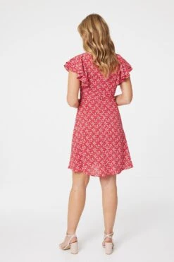 Ditsy Floral Frill Sleeve Dress -Hallmark Style D165058 RED 5