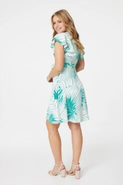 Leaf Print Cap Sleeve Skater Dress -Hallmark Style D165059 GREEN 5