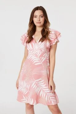 Leaf Print Cap Sleeve Skater Dress -Hallmark Style D165059 PINK 2
