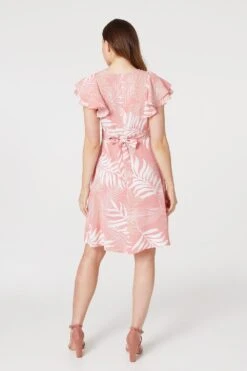 Leaf Print Cap Sleeve Skater Dress -Hallmark Style D165059 PINK 5