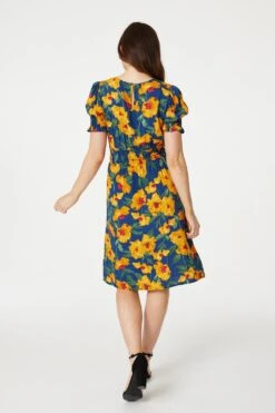 Floral Split Front Midi Tea Dress 10 Floral Split Front Midi Tea Dress -Hallmark Style D165065 MULTI BLUE 5