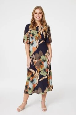 Floral Short Sleeve Midi Tea Dress