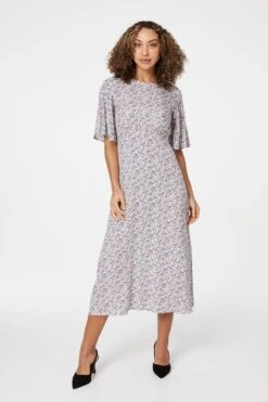 Floral Angel Sleeved Midi Dress -Hallmark Style D165069 MULTI BLUE 1