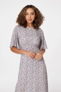 Floral Angel Sleeved Midi Dress -Hallmark Style D165069 MULTI BLUE 2