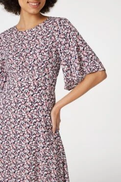 Floral Angel Sleeved Midi Dress -Hallmark Style D165069 MULTI PINK 4