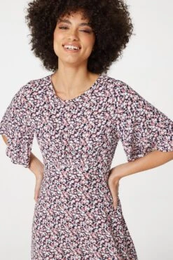 Floral Angel Sleeved Midi Dress -Hallmark Style D165069 MULTI PINK 5