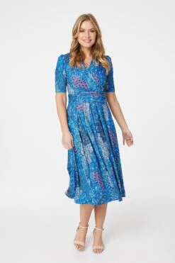 Peacock Print Wrap Front Dress -Hallmark Style D165082 BLUE 2