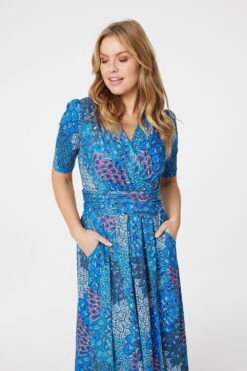 Peacock Print Wrap Front Dress -Hallmark Style D165082 BLUE 4