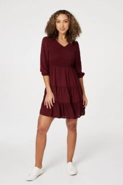 1/2 Sleeve Smocked Mini Dress -Hallmark Style D165195 WINE 1