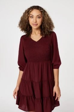 1/2 Sleeve Smocked Mini Dress -Hallmark Style D165195 WINE 2