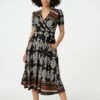 Printed 1/2 Sleeve Pleated Wrap Dress -Hallmark Style D165213 BLACKANDWHITE 2