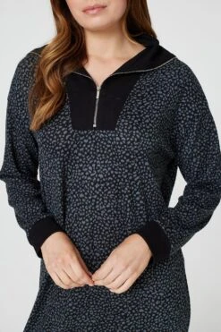 Printed Zip Neck Jumper Dress -Hallmark Style D165387 MULTI BLACK 6