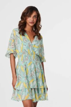 Leaf Print Wrap Mini Dress